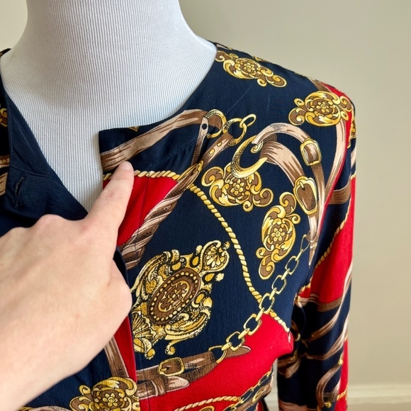 Vintage Stephanie Andrews 100% Silk Equestrian Navy Red Button Down Blouse Shirt - Picture 4 of 16
